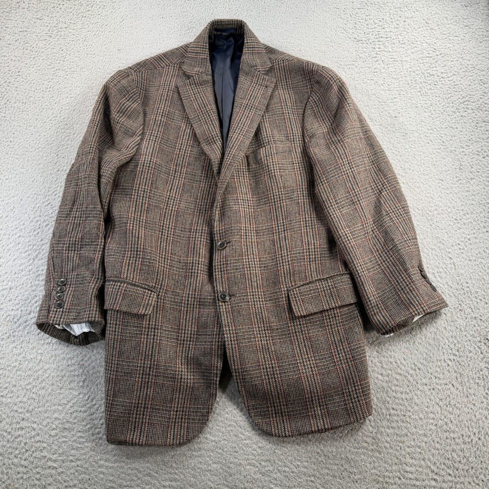 Jos A Bank Blazer Mens 43R Brown Tweed 100% Wool Glen Plaid Sport Coat 2 Button